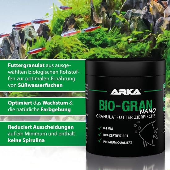 ARKA Bio-Gran Nano - 150ml / 75g - Organic Certified Fish Food for Any Freshwater Aquarium, Promotes Growth, Colour Splendor and Vitality of Ornamental Fish ARKA Bio-Gran Nano - 150ml / 75g - Organic Certified Fish Food for Any Freshwater Aquarium, Promotes Growth, Colour Splendor and Vitality of Ornamental Fish