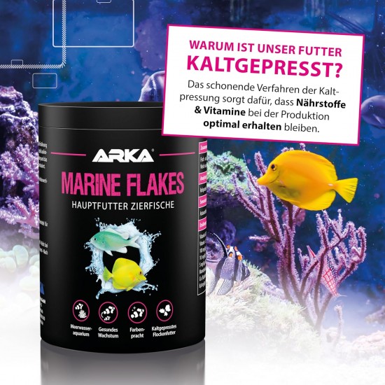 ARKA Marine Flakes - 1000ml / 100g - Flake Food for Saltwater Fish, Promotes Colour Splendor and Growth, Cold Pressed, Supports Fish Health ARKA Marine Flakes - 1000ml / 100g - Flake Food for Saltwater Fish, Promotes Colour Splendor and Growth, Cold Pressed, Supports Fish Health