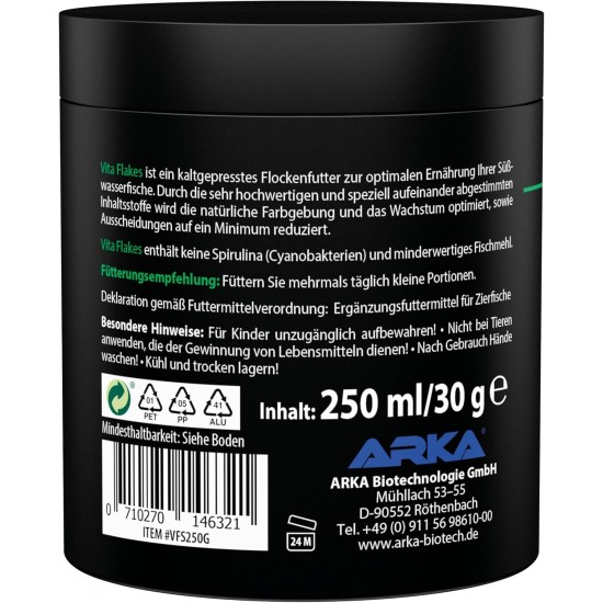 ARKA Vita Flakes 250 ml Flake Food for Ornamental Fish - High Quality Cold-Pressed Complete Food for Freshwater Aquariums - Supports Colourfulness, Vitality & Growth - Spirulina Free ARKA Vita Flakes 250 ml Flake Food for Ornamental Fish - High Quality Cold-Pressed Complete Food for Freshwater Aquariums - Supports Colourfulness, Vitality & Growth - Spirulina Free