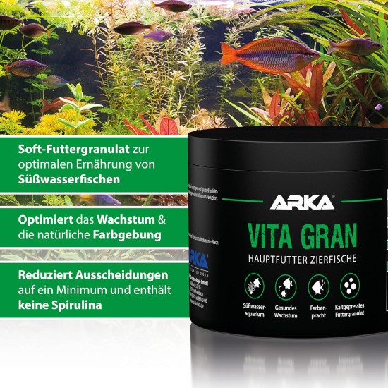 ARKA Vita Gran - 250 ml / 120 g - Nutrient Rich Granulate Food for Vibrant Colours and Healthy Growth in Freshwater Aquariums - Cold Pressed ARKA Vita Gran - 250 ml / 120 g - Nutrient Rich Granulate Food for Vibrant Colours and Healthy Growth in Freshwater Aquariums - Cold Pressed