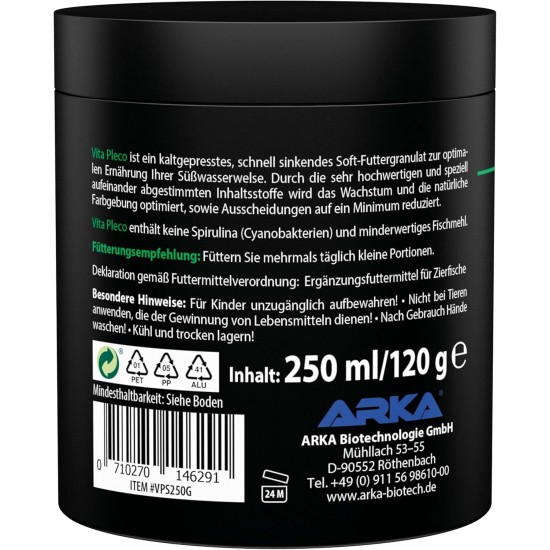 Catfish Food - ARKA Vita Pleco 250 ml / 120 g - Cold Pressed Soft Granules for Suction Catfish & Bottom Fish - Supports Colour Splendor, Growth & Vitality - Sinking, Highly Digestible, Dimensionally Catfish Food - ARKA Vita Pleco 250 ml / 120 g - Cold Pressed Soft Granules for Suction Catfish & Bottom Fish - Supports Colour Splendor, Growth & Vitality - Sinking, Highly Digestible, Dimensionally