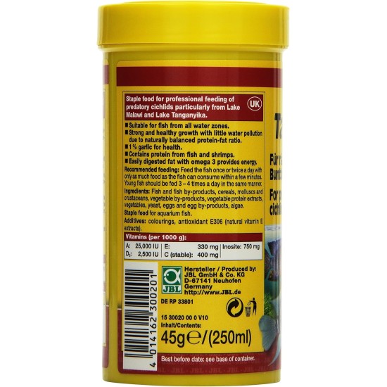 JBL PRONOVO TANGANYIKA FLAKES, Main Food for All Cichlids from 8-20 cm, Fish Food Flakes, Size M, 250 ml JBL PRONOVO TANGANYIKA FLAKES, Main Food for All Cichlids from 8-20 cm, Fish Food Flakes, Size M, 250 ml