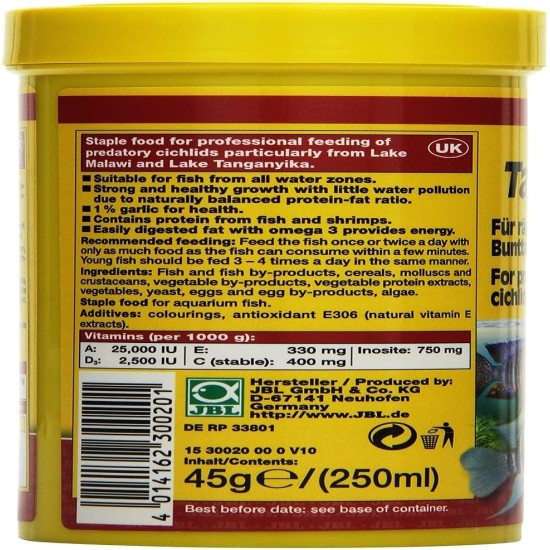 JBL PRONOVO TANGANYIKA FLAKES, Main Food for All Cichlids from 8-20 cm, Fish Food Flakes, Size M, 250 ml JBL PRONOVO TANGANYIKA FLAKES, Main Food for All Cichlids from 8-20 cm, Fish Food Flakes, Size M, 250 ml