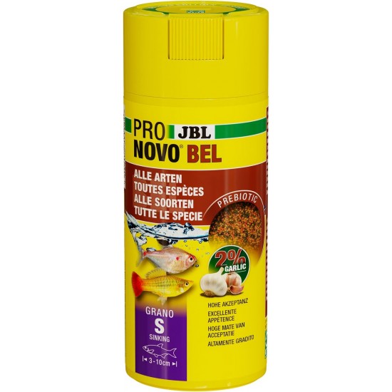 JBL Pronovo Bel Grano, Main Food for All Aquarium Fish from 3-10 cm, Fish Food Granules, Click Dispenser, Size S, 250 ml JBL Pronovo Bel Grano, Main Food for All Aquarium Fish from 3-10 cm, Fish Food Granules, Click Dispenser, Size S, 250 ml