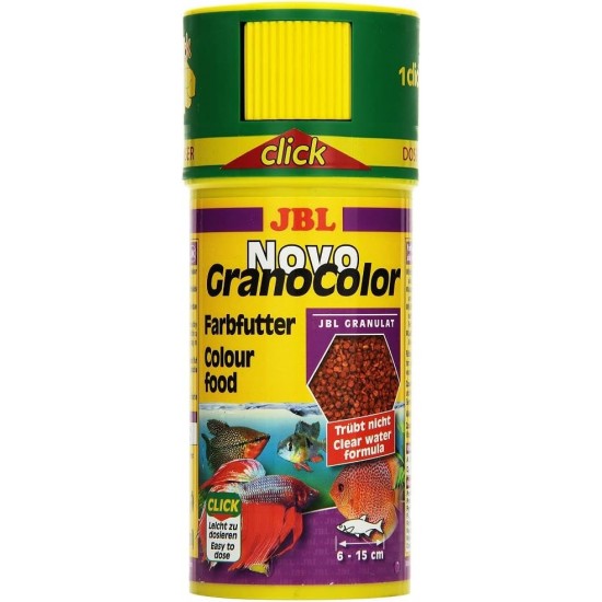 JBL Pronovo Colour Grano Click Colour Food Granules for All Aquarium Fish from 3-10 cm, Click Dispenser, Fish Food Granules, Size S, 100 ml JBL Pronovo Colour Grano Click Colour Food Granules for All Aquarium Fish from 3-10 cm, Click Dispenser, Fish Food Granules, Size S, 100 ml