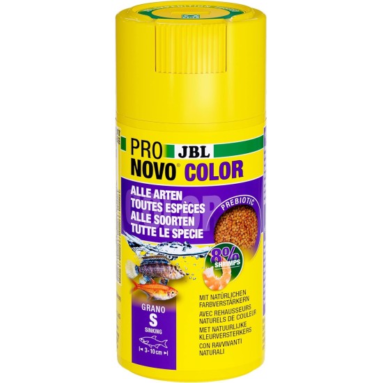 JBL Pronovo Colour Grano Click Colour Food Granules for All Aquarium Fish from 3-10 cm, Click Dispenser, Fish Food Granules, Size S, 100 ml JBL Pronovo Colour Grano Click Colour Food Granules for All Aquarium Fish from 3-10 cm, Click Dispenser, Fish Food Granules, Size S, 100 ml