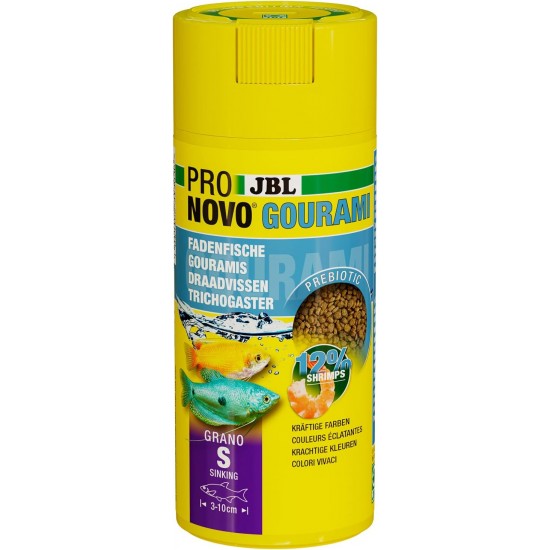 JBL Pronovo Gourami Grano, Main Food for Guramis, Goutfish and Labyrinths, 3-10 cm, Fish Food Granules, Click Dispenser, Size S, 250 ml JBL Pronovo Gourami Grano, Main Food for Guramis, Goutfish and Labyrinths, 3-10 cm, Fish Food Granules, Click Dispenser, Size S, 250 ml