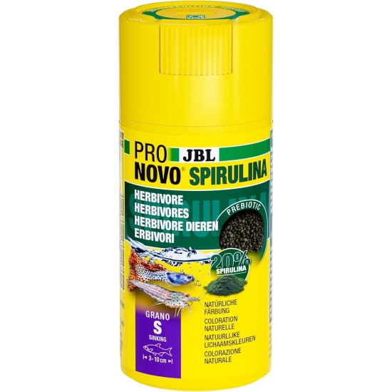 JBL Pronovo Spirulina Grano, Green Food Granules for All Aquarium Fish and Shrimp from 3-10 cm, Fish Food Granules, Click Dispenser, Size S, 100 ml