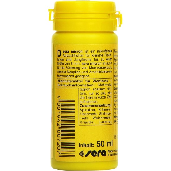 Sera Micron Nature dust-fine breeding food with zoo (18 % krill) and phytoplankton (51 % spirulina) a plankton or dust food or young fish food and low animals. Sera Micron Nature dust-fine breeding food with zoo (18 % krill) and phytoplankton (51 % spirulina) a plankton or dust food or young fish food and low animals.