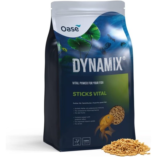 OASE Dynamix Sticks Vital 4 L, Fish Food, Pond Fish Food, Complete Food, Rich Pond Sticks with Vitamins and Minerals, Even Growth, Iridescent Colours OASE Dynamix Sticks Vital 4 L, Fish Food, Pond Fish Food, Complete Food, Rich Pond Sticks with Vitamins and Minerals, Even Growth, Iridescent Colours
