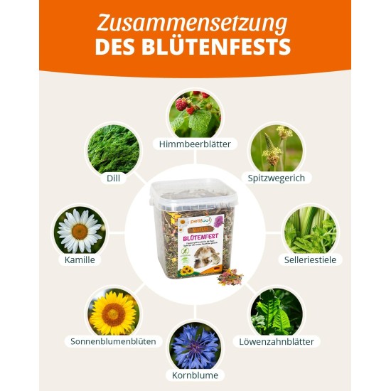 Blütenfest (flower festival), 380 g, supplementary feed for rodents, natural rodent feed for rabbits, guinea pigs, hamsters, chinchilla & more, no artificial additives, 100% natural, species-appropriate feed Blütenfest (flower festival), 380 g, supplementary feed for rodents, natural rodent feed for rabbits, guinea pigs, hamsters, chinchilla & more, no artificial additives, 100% natural, species-appropriate feed