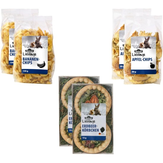 Dehner Lieblinge Rodent Snack, Rodent Food 100% Natural, Fruit Mix, 2 x Apple Chips (160 g), Banana Chips (300 g) and Strawberry Basket (30 g) (490 g) Dehner Lieblinge Rodent Snack, Rodent Food 100% Natural, Fruit Mix, 2 x Apple Chips (160 g), Banana Chips (300 g) and Strawberry Basket (30 g) (490 g)