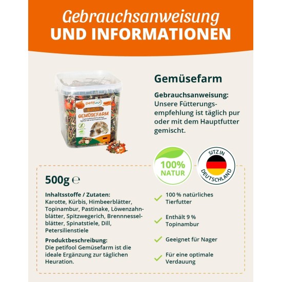 Gemüsefarm (vegetable farm), 500 g, supplementary feed for rodents, natural rodent feed for rabbits, guinea pigs, hamsters, chinchilla & more, no artificial additives, 100% natural, species-appropriate feed Gemüsefarm (vegetable farm), 500 g, supplementary feed for rodents, natural rodent feed for rabbits, guinea pigs, hamsters, chinchilla & more, no artificial additives, 100% natural, species-appropriate feed