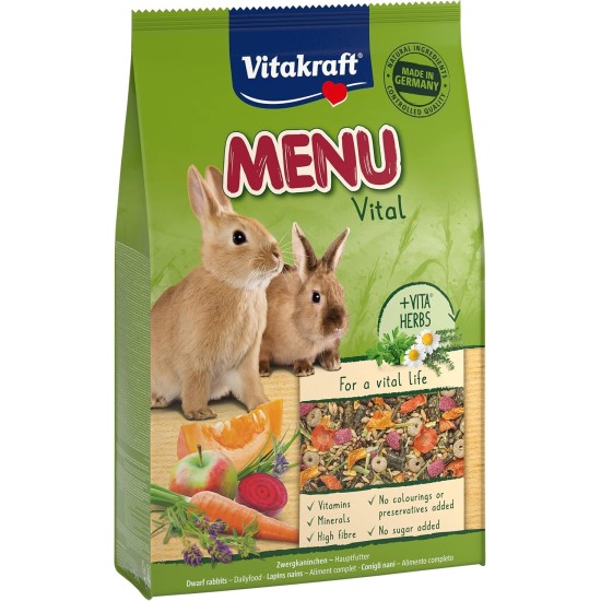 Vitakraft Menu Vital, Dwarf Rabbit Feed, with Herbs and Vegetables, Raw Fibre-Rich, No Added Sugar (3 x 5 kg) Vitakraft Menu Vital, Dwarf Rabbit Feed, with Herbs and Vegetables, Raw Fibre-Rich, No Added Sugar (3 x 5 kg)