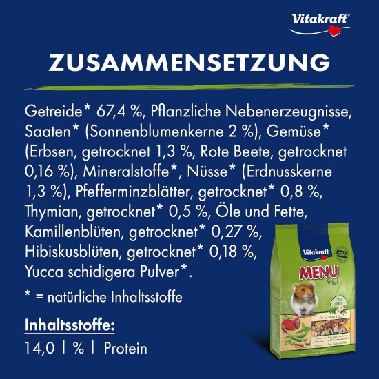 Vitakraft Menu Vital Hamster Food with Vegetables with Nuts, with Vital Vitamins and Minerals, No Added Sugar and Grains (6 x 400 g) Vitakraft Menu Vital Hamster Food with Vegetables with Nuts, with Vital Vitamins and Minerals, No Added Sugar and Grains (6 x 400 g)