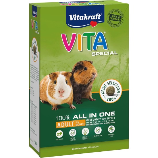 Vitakraft Vita Special Adult Guinea Pig Food with Grasses and Herbs, Low Calcium Content, for Healthy Coat, No Added Sugar and Grains (5 x 600 g) Vitakraft Vita Special Adult Guinea Pig Food with Grasses and Herbs, Low Calcium Content, for Healthy Coat, No Added Sugar and Grains (5 x 600 g)