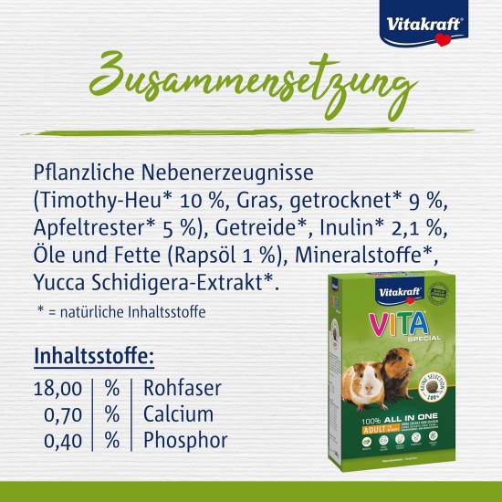Vitakraft Vita Special Adult Guinea Pig Food with Grasses and Herbs, Low Calcium Content, for Healthy Coat, No Added Sugar and Grains (5 x 600 g) Vitakraft Vita Special Adult Guinea Pig Food with Grasses and Herbs, Low Calcium Content, for Healthy Coat, No Added Sugar and Grains (5 x 600 g)