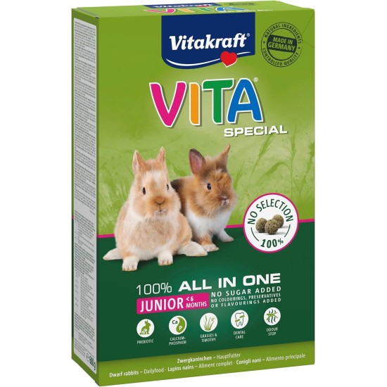 Vitakraft Vita Special Junior Dwarf Rabbit Feed for Young Dwarf Rabbits with Grasses and Herbs for Optimal Digestion, No Added Sugar and Grains (5 x 600 g) Vitakraft Vita Special Junior Dwarf Rabbit Feed for Young Dwarf Rabbits with Grasses and Herbs for Optimal Digestion, No Added Sugar and Grains (5 x 600 g)