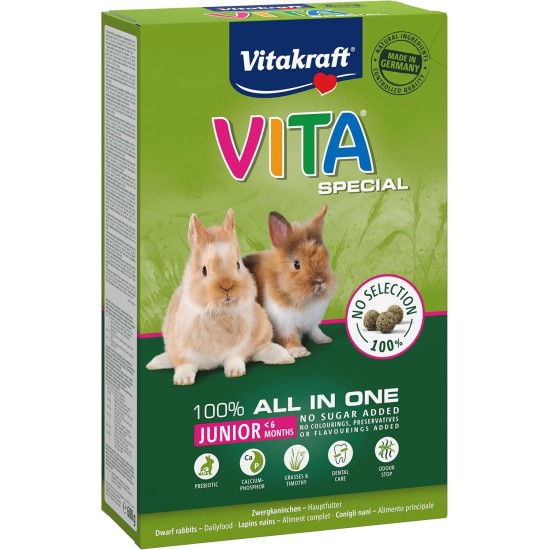 Vitakraft Vita Special Junior Dwarf Rabbit Feed for Young Dwarf Rabbits with Grasses and Herbs for Optimal Digestion, No Added Sugar and Grains (5 x 600 g) Vitakraft Vita Special Junior Dwarf Rabbit Feed for Young Dwarf Rabbits with Grasses and Herbs for Optimal Digestion, No Added Sugar and Grains (5 x 600 g)