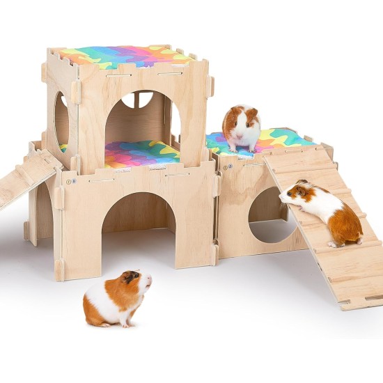 Guinea Pig Hideout Guinea Pig House with Stairs and Mats Extra Large Guinea Pig Castle Removable Hiding Place for Small Animals Wooden Guinea Pig Habitats with Multiple Doors and Guinea Pig Hideout Guinea Pig House with Stairs and Mats Extra Large Guinea Pig Castle Removable Hiding Place for Small Animals Wooden Guinea Pig Habitats with Multiple Doors and