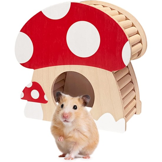 Hamster Mini House, Mushroom-Shaped Wooden Hideout Home for Dwarf Hamsters, Rats, Gerbils, Syrian, Mice, Small Animals Hiding Habitat Hat, Wooden Hamster Hide Toy, Indoor Cave Cage Accessories