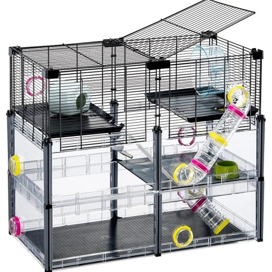 Hamsterheim, Mäusekäfig MULTIPLA HAMSTER CRYSTAL, aus Metallgitter und recyceltem Kunststoff, mit Zubehör, Modularer Hamsterheim, Mäusekäfig MULTIPLA HAMSTER CRYSTAL, aus Metallgitter und recyceltem Kunststoff, mit Zubehör, Modularer