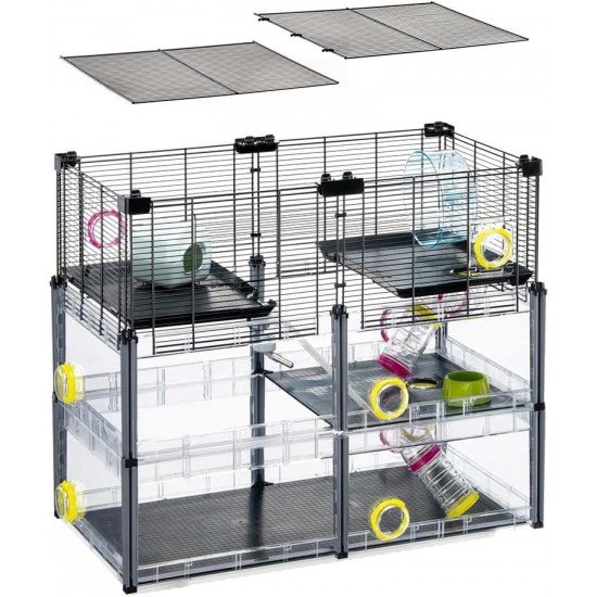 Hamsterheim, Mäusekäfig MULTIPLA HAMSTER CRYSTAL, aus Metallgitter und recyceltem Kunststoff, mit Zubehör, Modularer Hamsterheim, Mäusekäfig MULTIPLA HAMSTER CRYSTAL, aus Metallgitter und recyceltem Kunststoff, mit Zubehör, Modularer