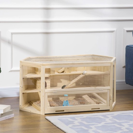 PawHut Hamster Cage Rodent Cage Small Animal Hutch Wooden Mouse Cage with Stairs Small Animal Cage Rodent Villa Three Tier PVC Natural Wood 115 x 57 x 55 cm PawHut Hamster Cage Rodent Cage Small Animal Hutch Wooden Mouse Cage with Stairs Small Animal Cage Rodent Villa Three Tier PVC Natural Wood 115 x 57 x 55 cm
