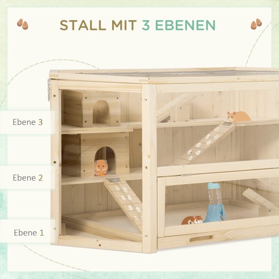 PawHut Hamster Cage Rodent Cage Small Animal Hutch Wooden Mouse Cage with Stairs Small Animal Cage Rodent Villa Three Tier PVC Natural Wood 115 x 57 x 55 cm PawHut Hamster Cage Rodent Cage Small Animal Hutch Wooden Mouse Cage with Stairs Small Animal Cage Rodent Villa Three Tier PVC Natural Wood 115 x 57 x 55 cm