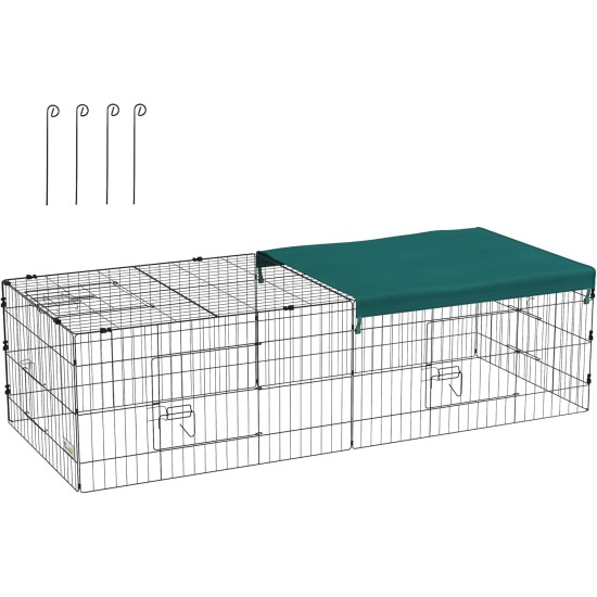 PawHut Small Animal Cage Pet Playpen with 5 Doors Rabbit Hutch Small Animal Playpen with Roof Outdoor 185 x 75 x 50 cm Green