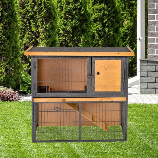 PawHut Small Animal Hutch with Roof Made of Tar Felt Solid Wood Dark Grey + White + Green 90 x 45 x 65 cm PawHut Small Animal Hutch with Roof Made of Tar Felt Solid Wood Dark Grey + White + Green 90 x 45 x 65 cm