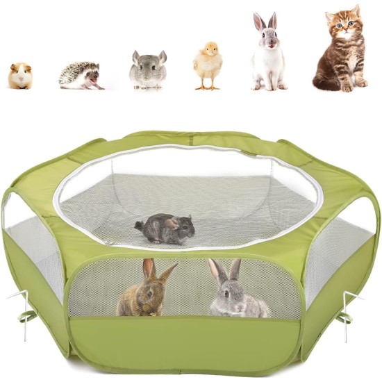 Pawaboo Small Animals Outdoor Enclosure, Waterproof Foldable Rabbit Outdoor Enclosure for Rabbits, Chickens, Kittens, Puppies, Rabbits, Hamsters, Visual Playpen with Mesh Zip and Nylon Base - Green Pawaboo Small Animals Outdoor Enclosure, Waterproof Foldable Rabbit Outdoor Enclosure for Rabbits, Chickens, Kittens, Puppies, Rabbits, Hamsters, Visual Playpen with Mesh Zip and Nylon Base - Green