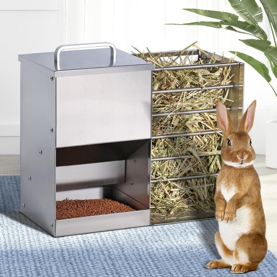 2 in 1 Hay Rack Rabbit Stainless Steel Feeder Hay Rabbit with Cat Litter Tray Water Bottle Feeding Bowls for Hamsters Stainless Steel Rabbit Feeder Hay Holder Rack for Small Pets