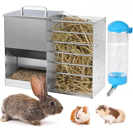 Automatische Kaninchenfutterautomaten für Käfig 2 in 1 Heufutterautomat mit Wasserflasche 5L Kaninchenfutterautomat Edelstahl Kaninchenfutterspender für Meerschweinchen Chinchilla Kaninchen andere Kle