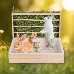 MOGOULUA 2 in 1 Hay Rack Rabbit Wooden Feeder Hay Rabbit with Cat Litter Tray Water Bottle Feeding Bowls for Hamsters Wooden Rabbit Feeder Hay Holder Rack for Small Pets