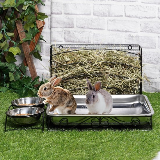 MOGOULUA 3 in 1 Kaninchen Heu Futterstation mit Edelstahl Katzentoilette und 2 Stucks Futternäpfe für Haustiere Heuraufe für Kleine Haustiere Kaninchen Hamster Meerschweinchen