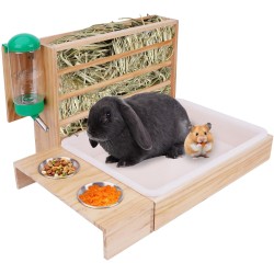MOGOULUA 4 in 1 Hay Rack Rabbit Wooden Feeder Hay Rabbit with Cat Litter Tray Water Bottle Feeding Bowls for Hamsters Wooden Rabbit Feeder Hay Holder Rack for Small Pets