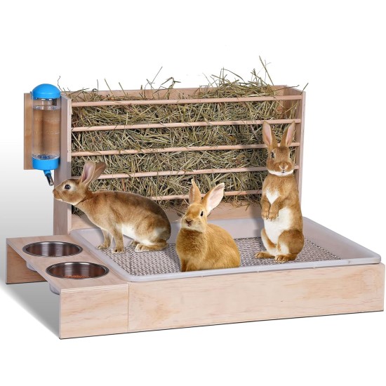 MOGOULUA 4 in 1 Large Hay Rack Rabbit Wooden Feeder Hay Rabbit with Cat Litter Tray Water Bottle Feeding Bowls for Hamsters Wooden Rabbit Feeder Hay Holder Rack for Small Pets MOGOULUA 4 in 1 Large Hay Rack Rabbit Wooden Feeder Hay Rabbit with Cat Litter Tray Water Bottle Feeding Bowls for Hamsters Wooden Rabbit Feeder Hay Holder Rack for Small Pets