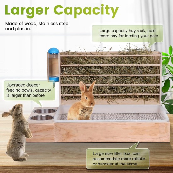 MOGOULUA 4 in 1 Large Hay Rack Rabbit Wooden Feeder Hay Rabbit with Cat Litter Tray Water Bottle Feeding Bowls for Hamsters Wooden Rabbit Feeder Hay Holder Rack for Small Pets MOGOULUA 4 in 1 Large Hay Rack Rabbit Wooden Feeder Hay Rabbit with Cat Litter Tray Water Bottle Feeding Bowls for Hamsters Wooden Rabbit Feeder Hay Holder Rack for Small Pets