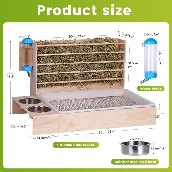 MOGOULUA 4 in 1 Large Hay Rack Rabbit Wooden Feeder Hay Rabbit with Cat Litter Tray Water Bottle Feeding Bowls for Hamsters Wooden Rabbit Feeder Hay Holder Rack for Small Pets MOGOULUA 4 in 1 Large Hay Rack Rabbit Wooden Feeder Hay Rabbit with Cat Litter Tray Water Bottle Feeding Bowls for Hamsters Wooden Rabbit Feeder Hay Holder Rack for Small Pets