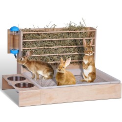MOGOULUA 4 in 1 Large Hay Rack Rabbit Wooden Feeder Hay Rabbit with Cat Litter Tray Water Bottle Feeding Bowls for Hamsters Wooden Rabbit Feeder Hay Holder Rack for Small Pets