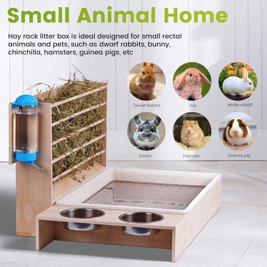 MOGOULUA 4 in 1 Large Hay Rack Rabbit Wooden Feeder Hay Rabbit with Cat Litter Tray Water Bottle Feeding Bowls for Hamsters Wooden Rabbit Feeder Hay Holder Rack for Small Pets MOGOULUA 4 in 1 Large Hay Rack Rabbit Wooden Feeder Hay Rabbit with Cat Litter Tray Water Bottle Feeding Bowls for Hamsters Wooden Rabbit Feeder Hay Holder Rack for Small Pets