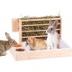 MUALROUS 3 in 1 Großer Kaninchen Heu Feeder mit Katzentoilette Holz Futterautomat aus Holz mit 2 Näpfen Hase Toilette für Kaninchen Meerschweinchen Chinchilla Hase Andere Kleintiere