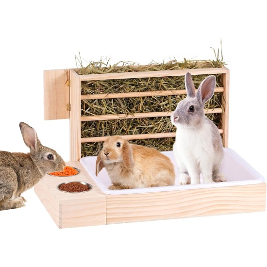 MUALROUS 3 in 1 Großer Kaninchen Heu Feeder mit Katzentoilette Holz Futterautomat aus Holz mit 2 Näpfen Hase Toilette für Kaninchen Meerschweinchen Chinchilla Hase Andere Kleintiere