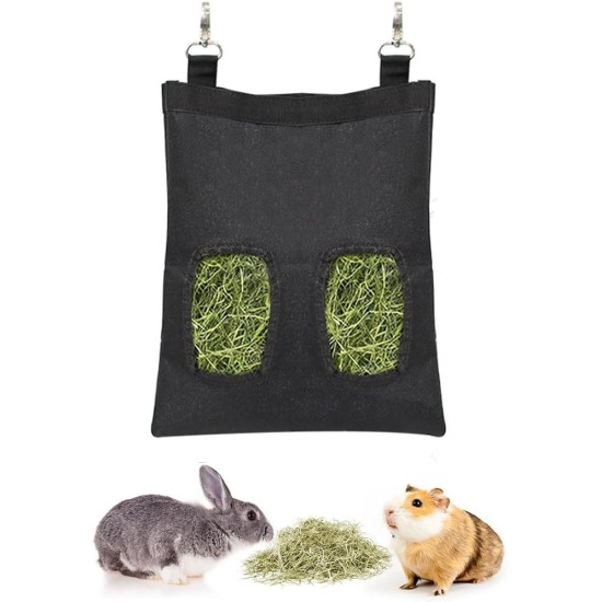 OUDQFCJ Rabbit Hay Bag, Hay Food Bag, Small Animals Hay Bag, Hanging Feeding Hay with 4 Windows for Small Pets, Black OUDQFCJ Rabbit Hay Bag, Hay Food Bag, Small Animals Hay Bag, Hanging Feeding Hay with 4 Windows for Small Pets, Black
