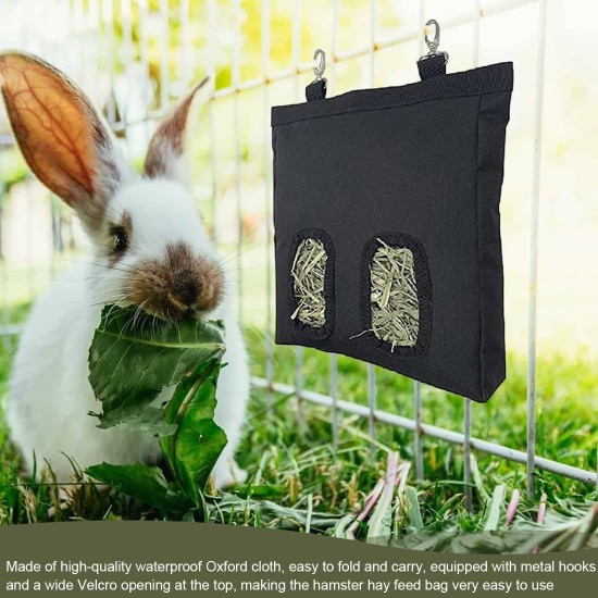 OUDQFCJ Rabbit Hay Bag, Hay Food Bag, Small Animals Hay Bag, Hanging Feeding Hay with 4 Windows for Small Pets, Black OUDQFCJ Rabbit Hay Bag, Hay Food Bag, Small Animals Hay Bag, Hanging Feeding Hay with 4 Windows for Small Pets, Black