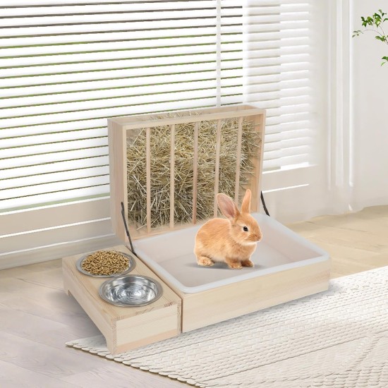 Rabbit Hay Feeder, Rabbit Hay Rack with Plastic Cat Litter Box, Toilet, Bowls and Water Bottle, Hay Rack Rabbit Wood for Guinea Pigs, Hamsters, Small Animals (4 in 1) Rabbit Hay Feeder, Rabbit Hay Rack with Plastic Cat Litter Box, Toilet, Bowls and Water Bottle, Hay Rack Rabbit Wood for Guinea Pigs, Hamsters, Small Animals (4 in 1)