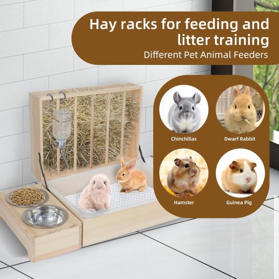 Rabbit Hay Feeder, Rabbit Hay Rack with Plastic Cat Litter Box, Toilet, Bowls and Water Bottle, Hay Rack Rabbit Wood for Guinea Pigs, Hamsters, Small Animals (4 in 1) Rabbit Hay Feeder, Rabbit Hay Rack with Plastic Cat Litter Box, Toilet, Bowls and Water Bottle, Hay Rack Rabbit Wood for Guinea Pigs, Hamsters, Small Animals (4 in 1)