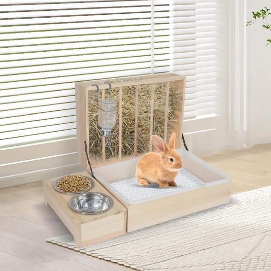 Rabbit Hay Feeder, Rabbit Hay Rack with Plastic Cat Litter Box, Toilet, Bowls and Water Bottle, Hay Rack Rabbit Wood for Guinea Pigs, Hamsters, Small Animals (4 in 1) Rabbit Hay Feeder, Rabbit Hay Rack with Plastic Cat Litter Box, Toilet, Bowls and Water Bottle, Hay Rack Rabbit Wood for Guinea Pigs, Hamsters, Small Animals (4 in 1)