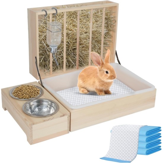 Rabbit Hay Feeder, Rabbit Hay Rack with Plastic Cat Litter Box, Toilet, Bowls and Water Bottle, Hay Rack Rabbit Wood for Guinea Pigs, Hamsters, Small Animals (4 in 1) Rabbit Hay Feeder, Rabbit Hay Rack with Plastic Cat Litter Box, Toilet, Bowls and Water Bottle, Hay Rack Rabbit Wood for Guinea Pigs, Hamsters, Small Animals (4 in 1)